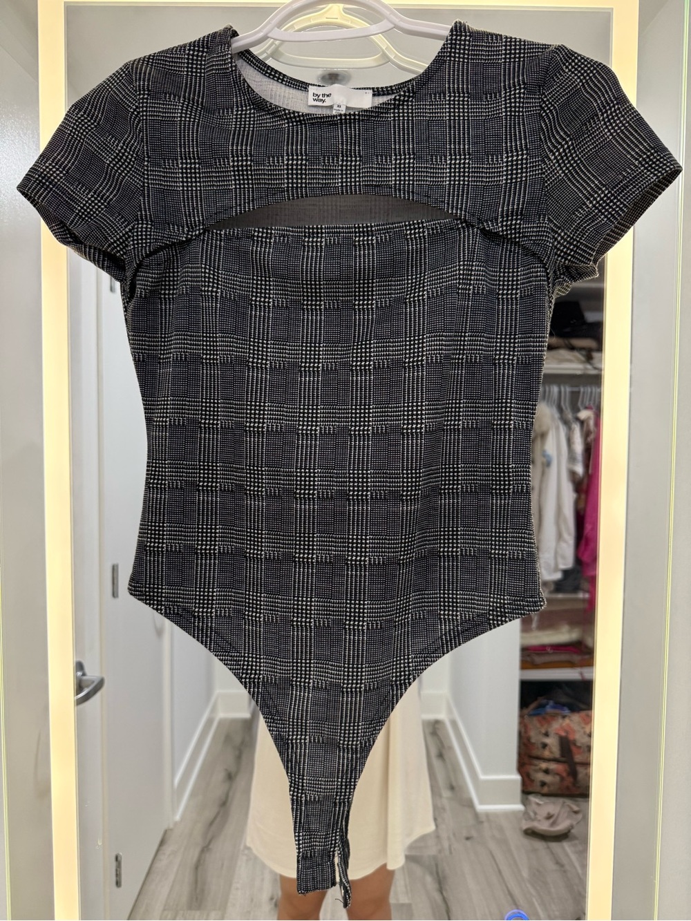 By The Way Black Plaid Cutout Short-Sleeve Bodysuit XS